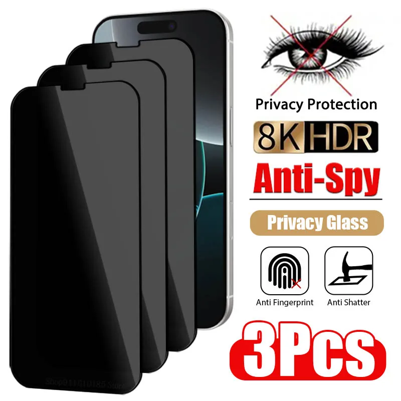 3 قطعة زجاج مضاد للتجسس لهاتف آيفون 15 16 14 13 12 11 Pro Max Mini 16e SE 2022 2020 XR XS 14 Plus غطاء كامل واقي شاشة الخصوصية
