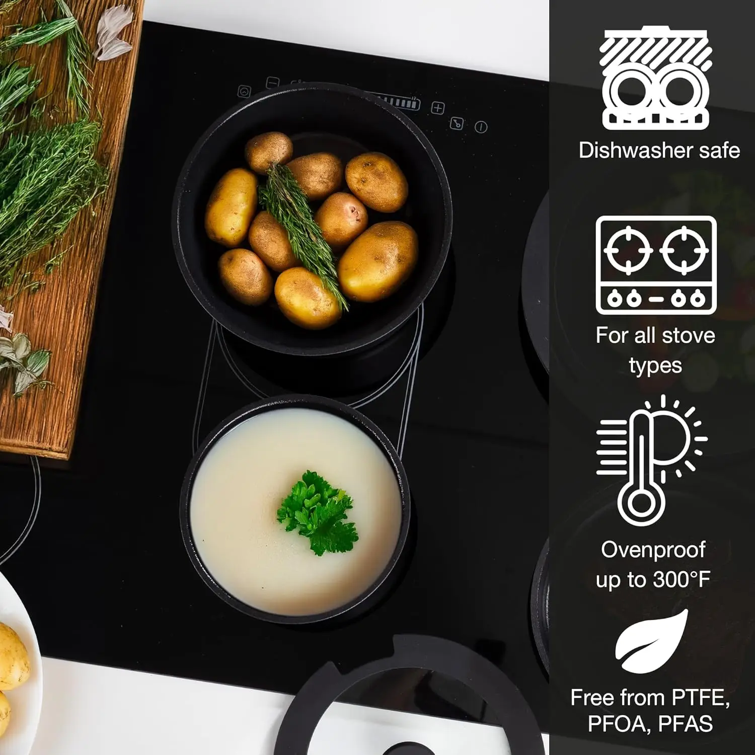 15点セット 鋳造アルミニウム製 ノンスティック調理器具セット |   積み重ね可能な鍋とフライパン、取り外し可能なハンドル、グラナイトコーティング、IH対応