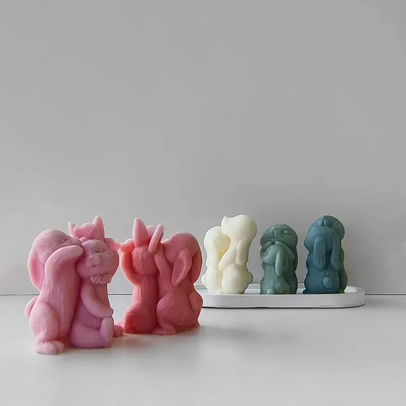 Cute Rabbits Silicone Mold 3D Easter Bunny Candle Plaster Ornament Mould