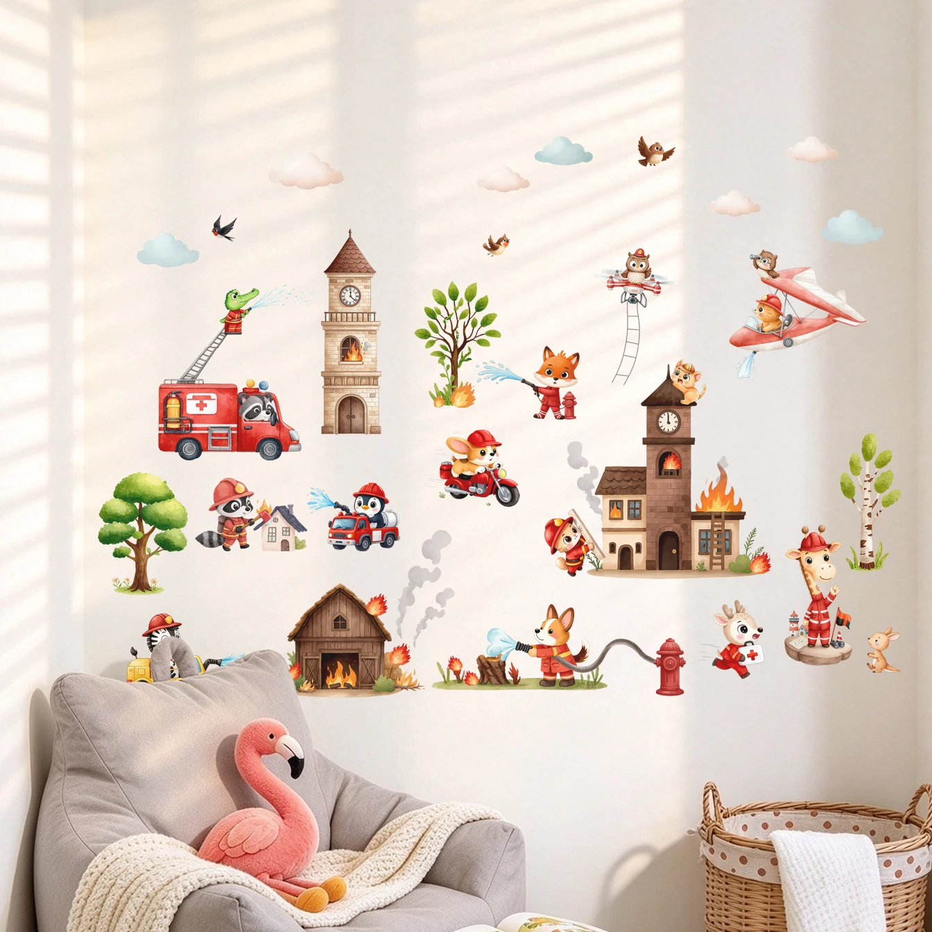 Cute Animal Firefighter Wall Stickers Fire Truck Fire Station Airplane Wall Decal Kids Boys Bedroom Nursery Self Adhesive Wall D