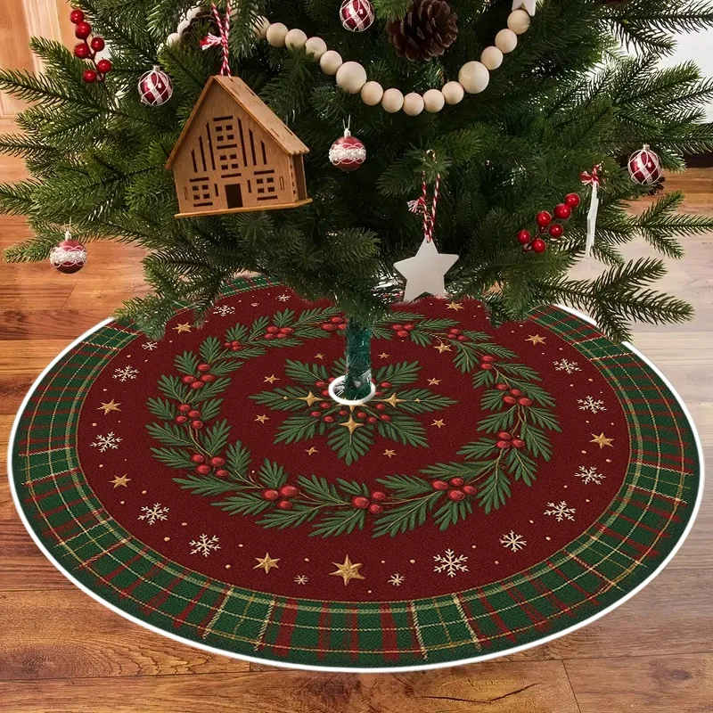 VIKAMA Plaid Christmas Tree Skirt,Round Non‑Slip Floor Mat,Holly Berry Snowflake Star Wreath Xmas Carpet for Holiday Home Decor