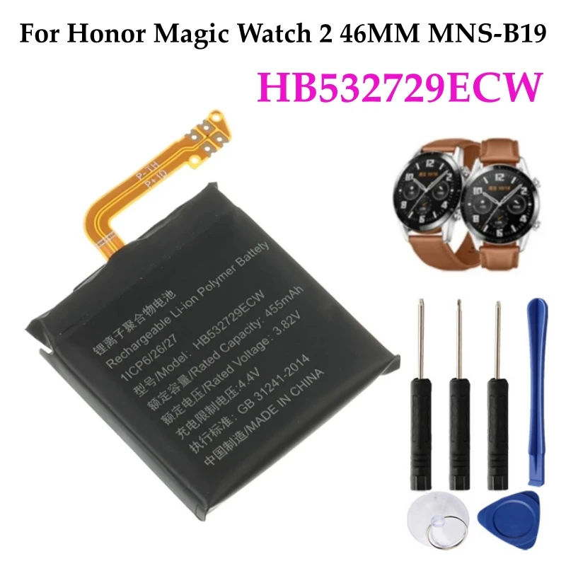 HB532729ECW Battery 455mAh For Huawei Watch GT2 GT 2 46MM LTN-B19 For Honor Magic Watch 2 46mm MNS-B19 SmartWatch + Free Tools