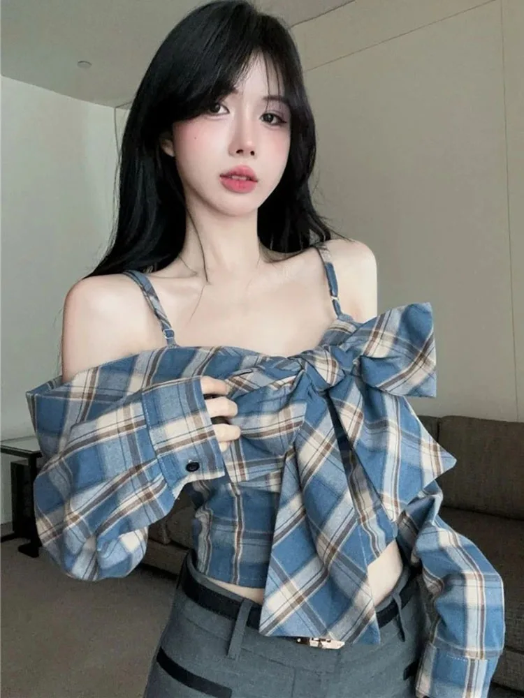 

Women Off Shoulder Plaid Cardigan Blouse Vintage Long Sleeve Tie Bow Design Short Slim Fit Top For Autumn Fashion