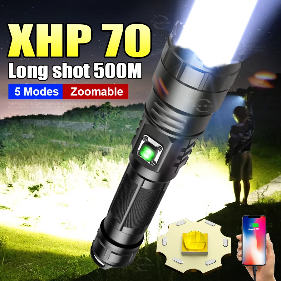 

XHP70 Светодиодные фонарики высокой мощности 18650, перезаряжаемый сильный свет, тактический фонарь, ультра мощный светильник для кемпинга и пешего туризма