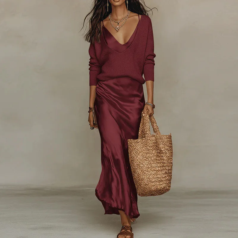Elegant V Neck Slim Office Two Piece Sets 2026 Spring Long Sleeve Loose Knit Sweater Outfit Summer Sleeveless Satin Women's Suit view 4