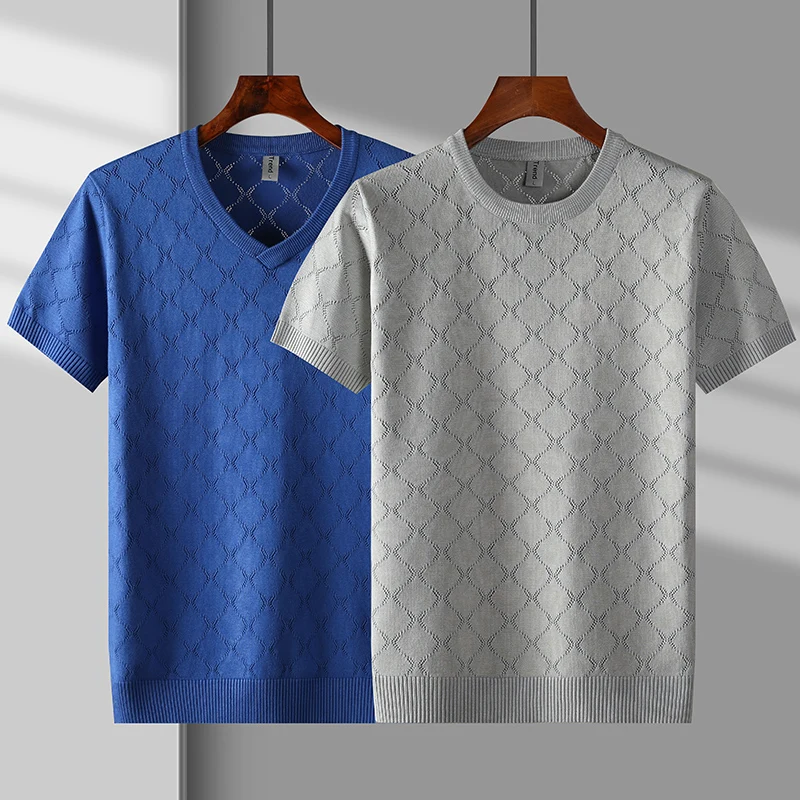 High-Elastic Knitted Short Sleeve Men Sweater Pullovers Exquisite Autumn Quality Soft Comfortable Plaid Casual Sueters De Hombre