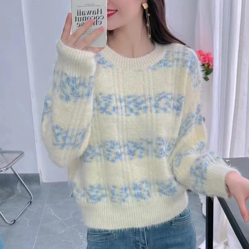 Thickened Sweater New Autumn and Winter Loose Lazy Pullover Chenille Striped Bottoming Sweater Top