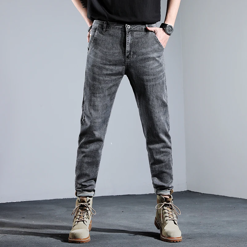Casual Slim Fit Men's Jeans Elastic Versatile Spring Summer Straight Leg Long Pants mid High Waist Zipper Closure Cotton Stre...