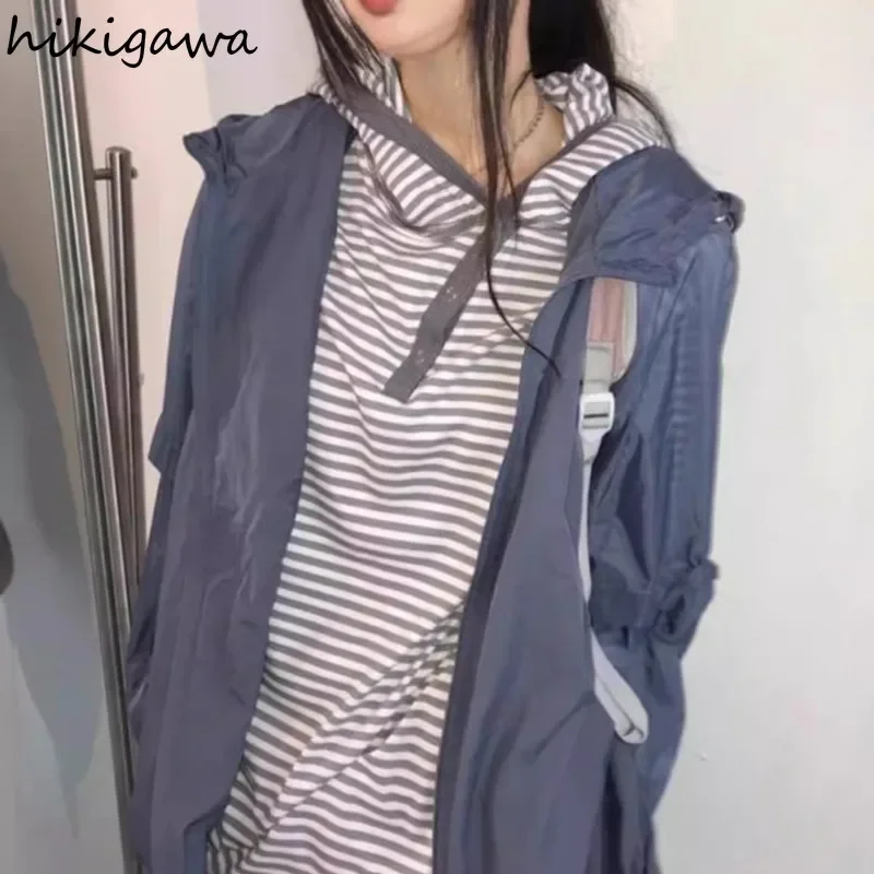 Korean Camisetas Chic T Shirts for Women 2024 Ropa Mujer Hooded Casual Tees Loose Fashion Y2k Tops Long Sleeve Striped Tshirts