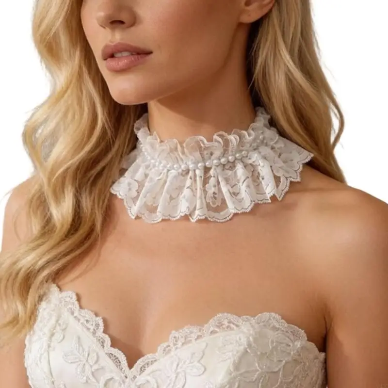 Daily Neckline Accessory Detachable Lace Faux Collar with Ruffle Detail and Front Trim for Evening Social Looks Y166