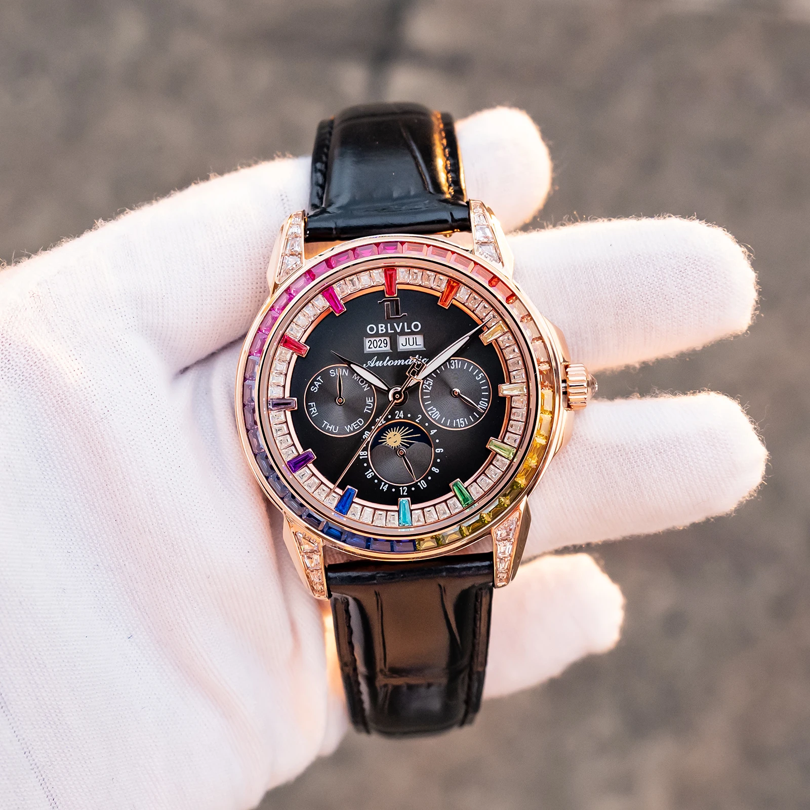 OBLVLO Men's Classic Watch Colorful Diamonds Bezel Multifunction Black Dial Mechanical Automatic Moonphase Leather Strap