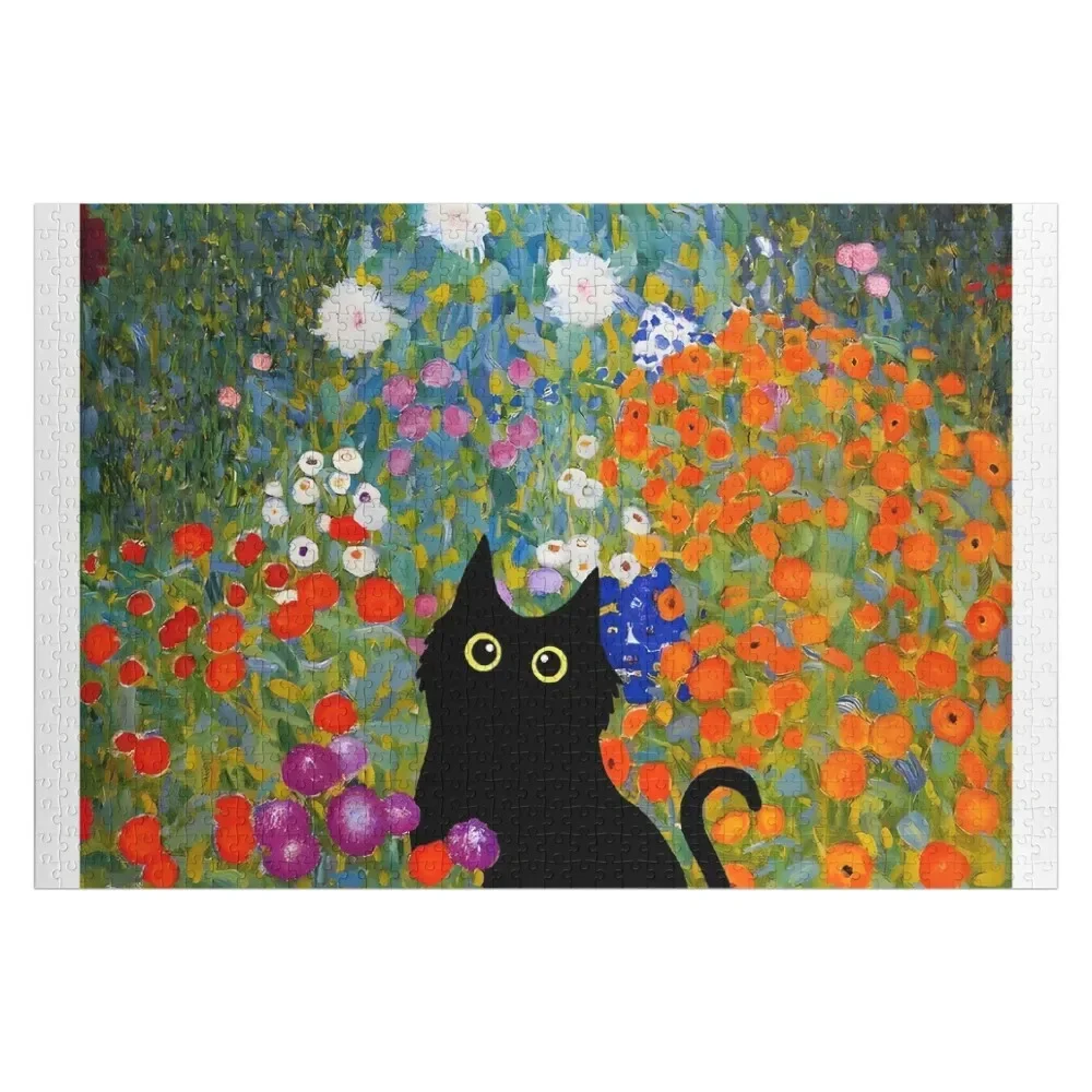 

Black Cat in Flowers Garden Gustav Klimt Jigsaw Puzzle Custom With Photo Personalized Gift Ideas Custom Gift Puzzle