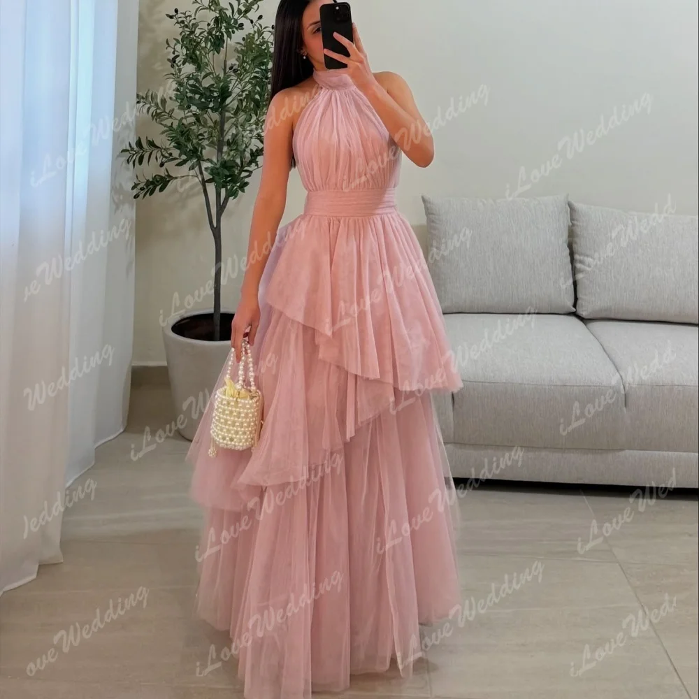 

Customized Multi-Layered A-line Mesh Fabric robes de soirée Halter Neck Sleeveless Party Dresses Ankle-Length Prom Dresses 2025