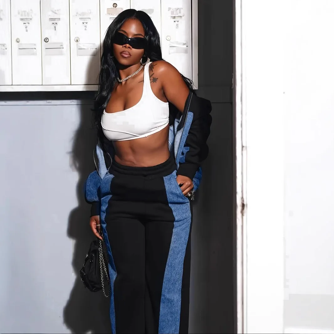 قطعتين مجموعة بانت مجموعات سستة الدنيم تقسم معاطف رفض طوق جيوب عارضة السراويل الطويلة مستقيم الشارع الشهير الخريف الشتاء