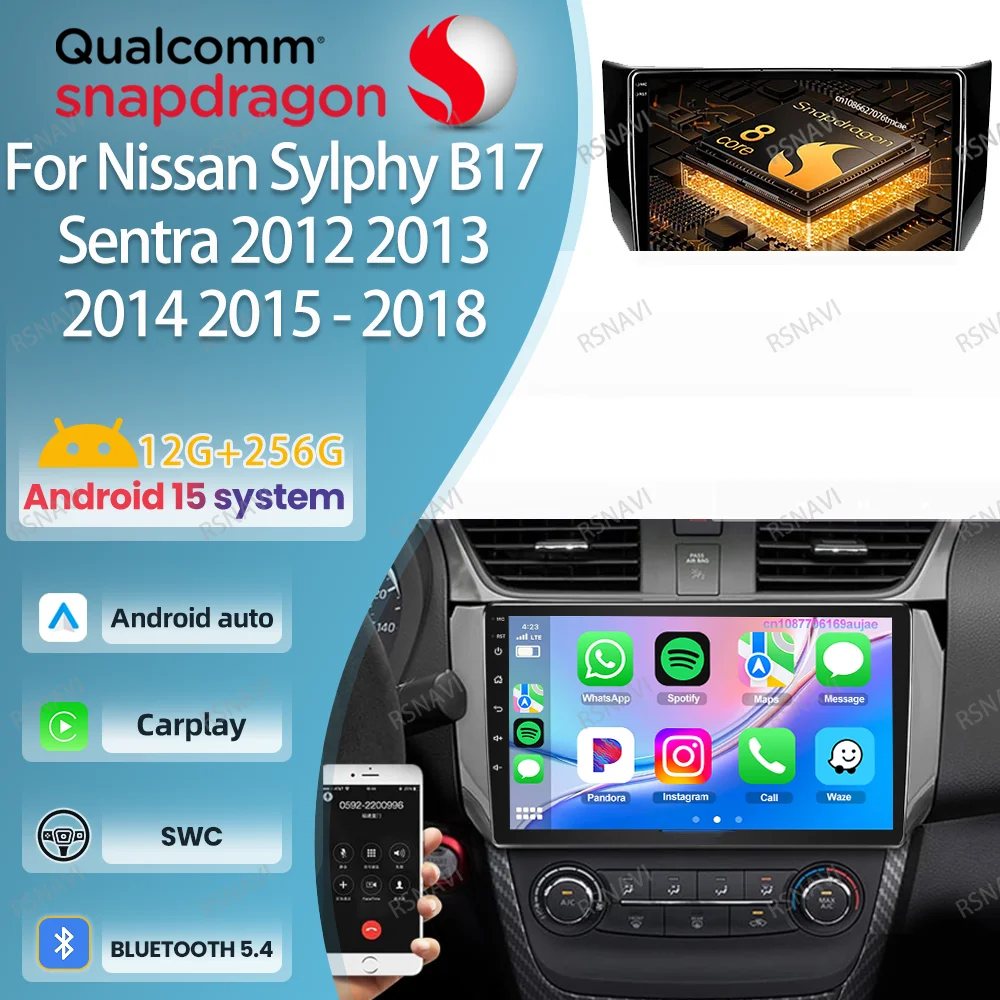 Android 15 Car Radio For Nissan Sylphy B17 Sentra 2012 -2016 2017 2018 NO 2DIN 5G WIFI 9/10 Inch Carplay Head Unit Stereo IPS BT