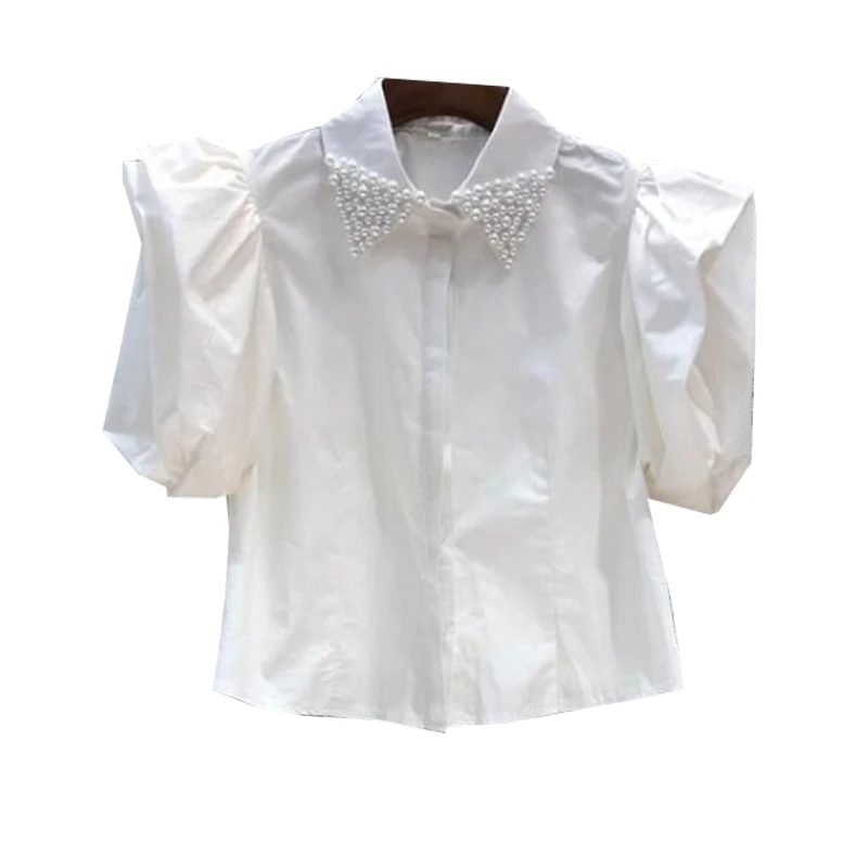 Neploe Chic Vintage Blouses Femme French Beaded Lapel Puff Sleeve Shirt 2024 Summer New Design Versatile Slim Fashion Blusas