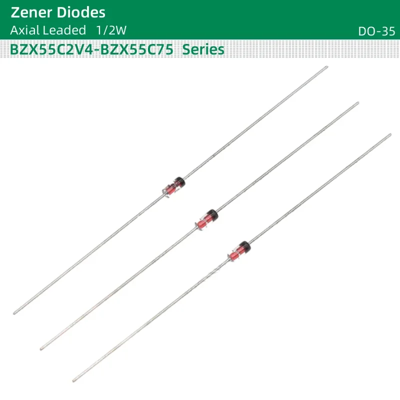 50 pçs/lote 1/2W Diodos Zener 0.5W BZX55C18/20V/22V/24V/27V/30V/33V/36V/39V/43V/47V/51V/56V/62V/68V/75V DO-35