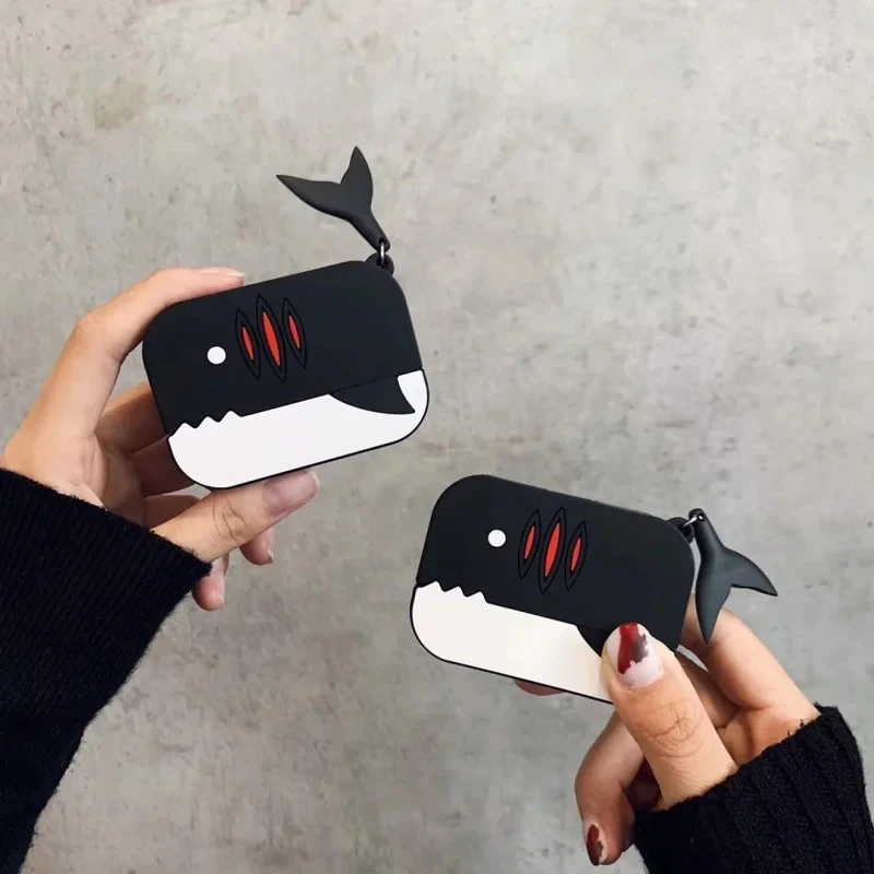 For AirPods 4 3 2 1 Pro Pro2 Earphone Case 3D Black Shark Cartoon Silicone Protective Headphone Box With Pendant Cover