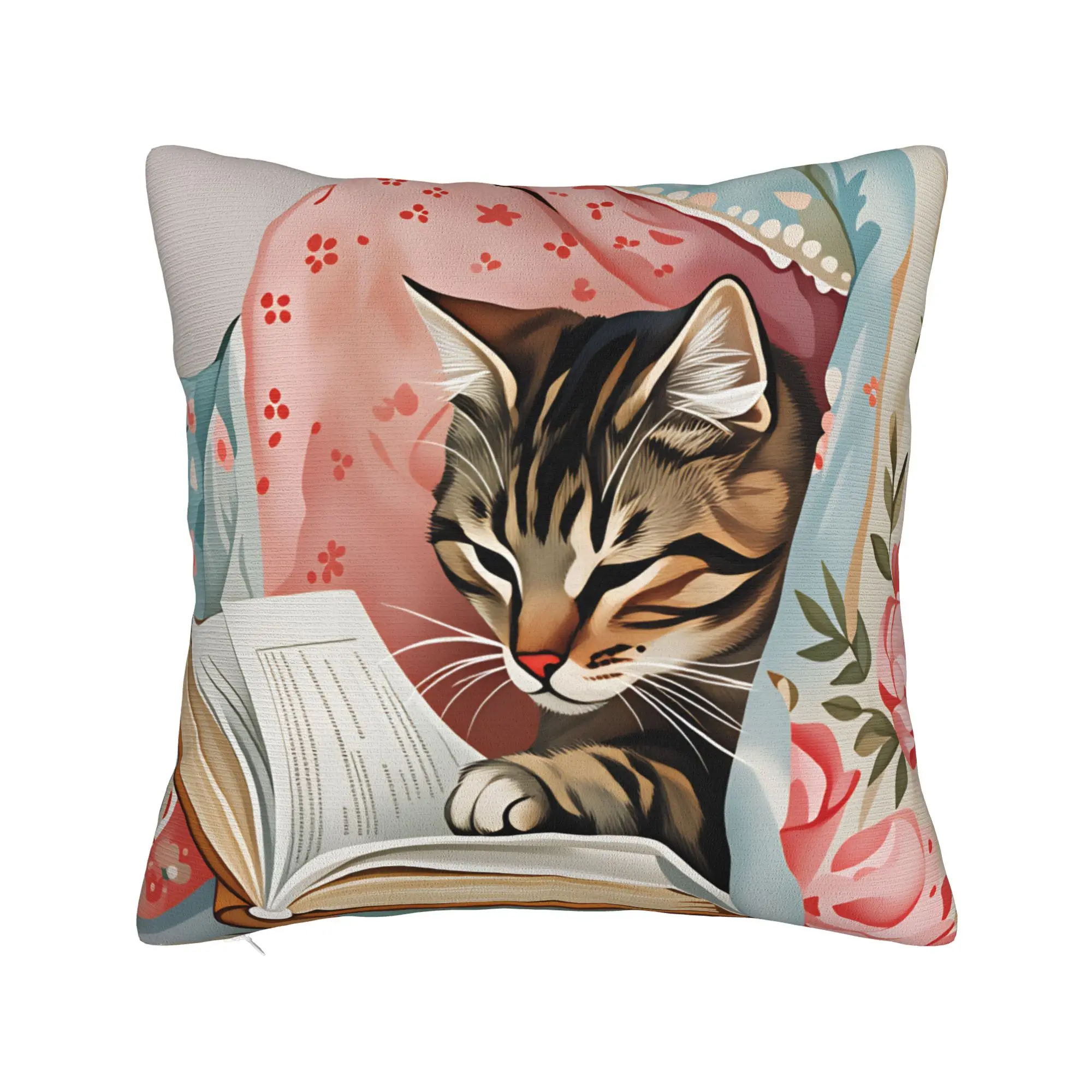 Whimsical Reading Cat Pillow Case  Soft Pillow Cover For Sofa Car Home Decor Novelty Pillowcases