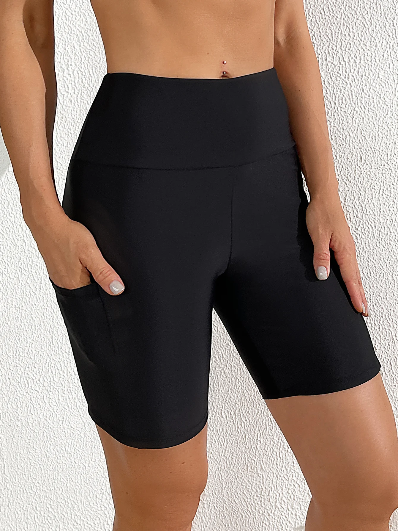 Women's Double-Layered High-Waist Swimsuit Shorts with Side Seams And Pockets Mid-Length Plain Swimwear