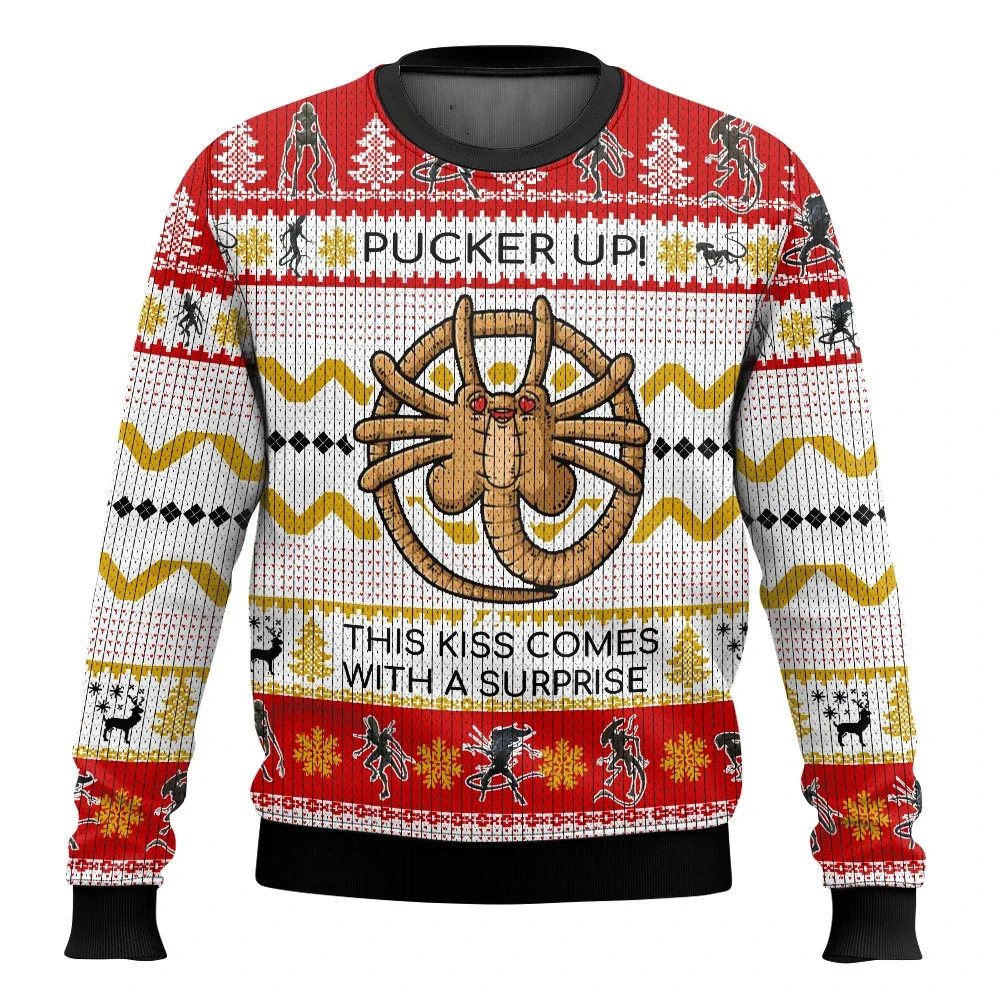 Sci-fi Monster Creature Pucker Up Quote All Over 3D Print Long Sleeve Shirt Unisex, Ugly Christmas Xmas Party Crew Neck Top