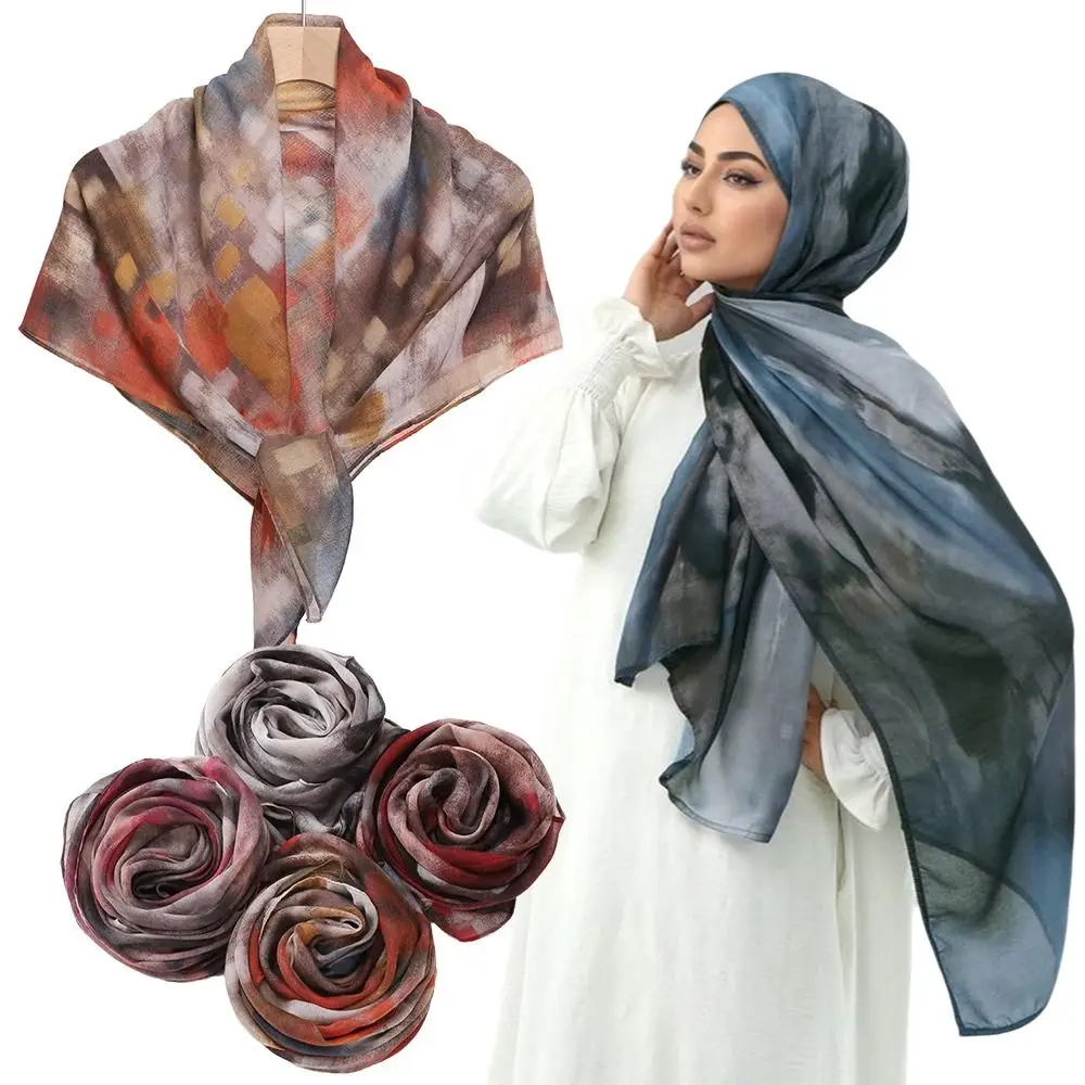 Fashion Cotton Voile Wide Edge Hijab Watercolor Casual Tie-Dye Shawl Headscarf Instant Hijab For Women