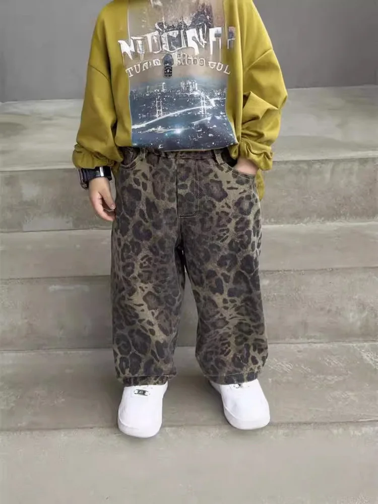 Hip Hop Casual Loose Children's Pants Children's Four Seasons Pure Cotton Leopard Pattern Jeans Trendy Casual Pants