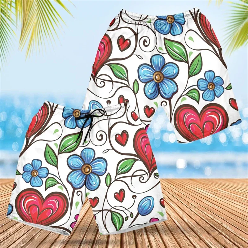 2024 NEW Floral Lovers Boardshorts Beautiful Flower Graphic Short Pants For Men Clothes Romantic Women Beach Shorts Mildly Color