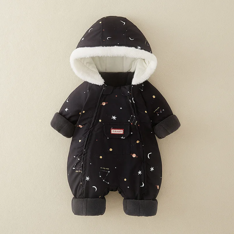 MILANCEL Winter Baby Snown Clothing Newborn Thick Jumpsuit 0-2Y Infant Boys Fur Lining Romper Girls Print Waterproof Outwear