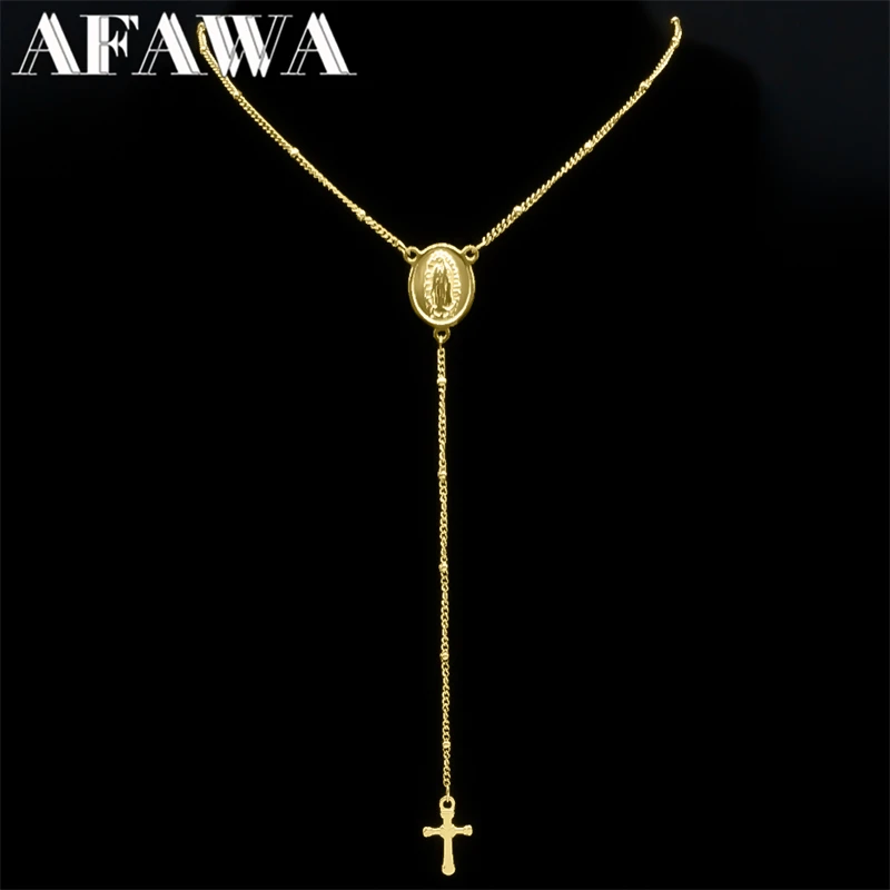 Virgin Mary Guadalupe Jesus Cross Necklace for Women Men Stainless Steel Gold Color Christian Rosary Long Chain Jewelry