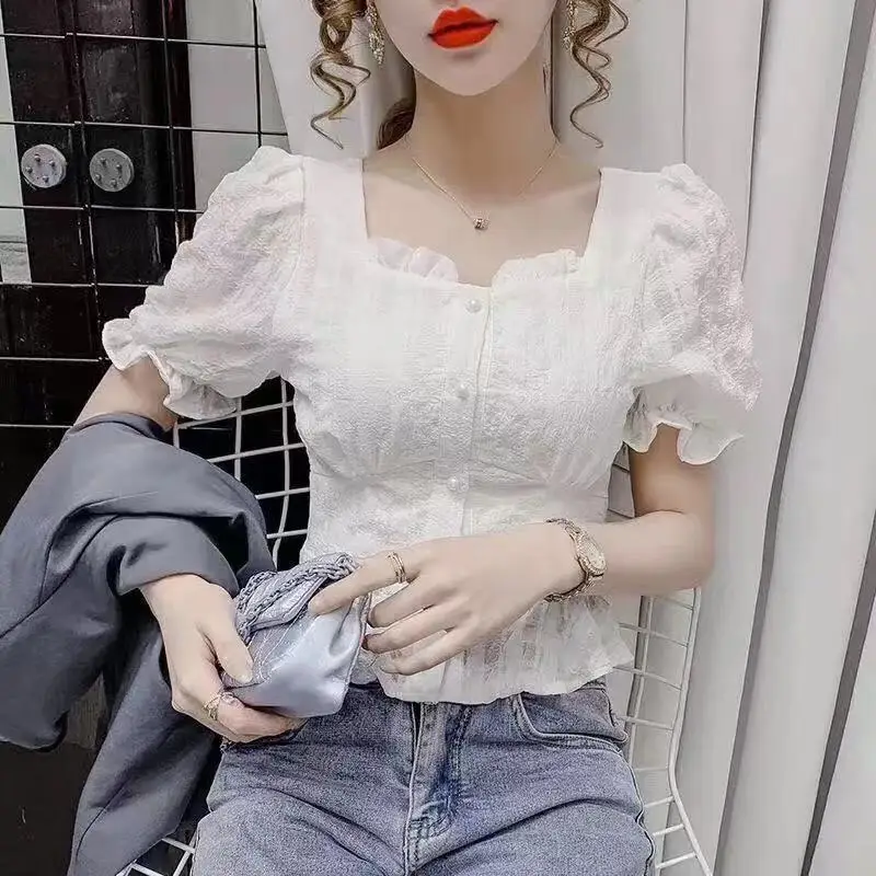 

Faionable Summer 2025 Women's Slim Fit ort Sve irt Square Collar Design Sense Flounce Korean Sle Polyester