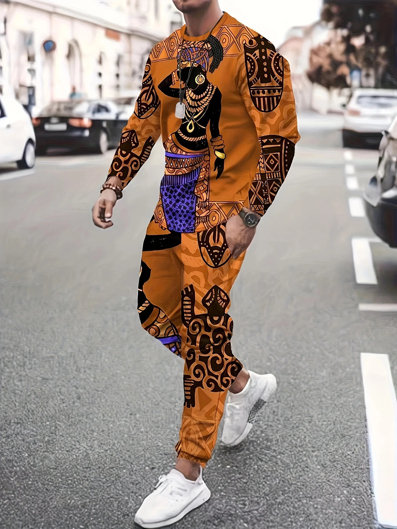 

2pcs Set Casual Set Of African Ethnic Style Graffiti Long Sleeve T-shirt Pants Stylish For Outdoors Wear Vacation Resorts﻿﻿