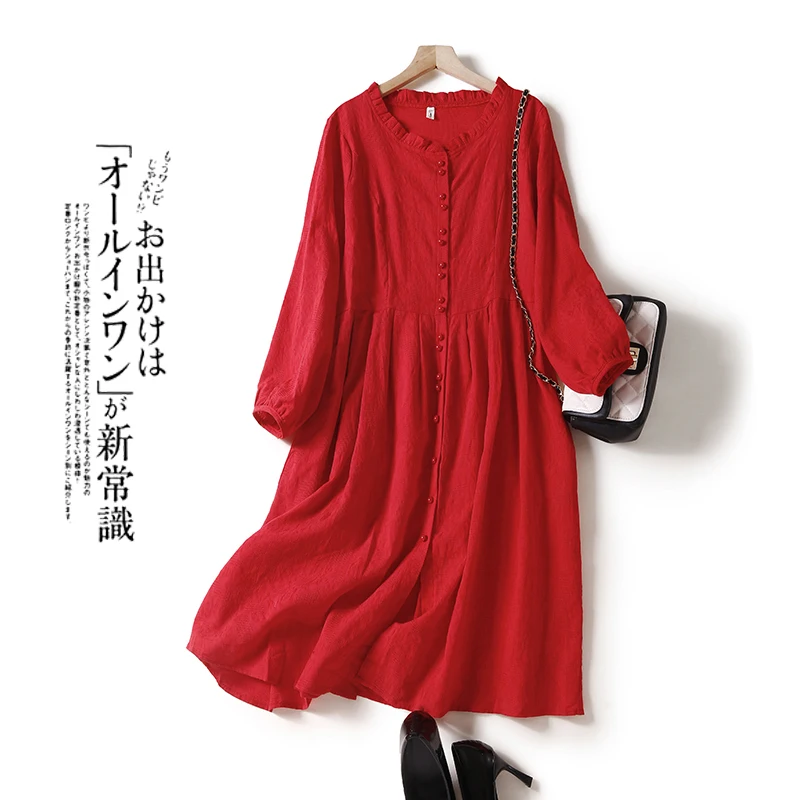 Robe en lin rouge élégante pour femmes, col rond, manches longues, Simple boutonnage, ligne a, mi-longue, mode Simple, tenue décontractée, nouvelle collection automne
