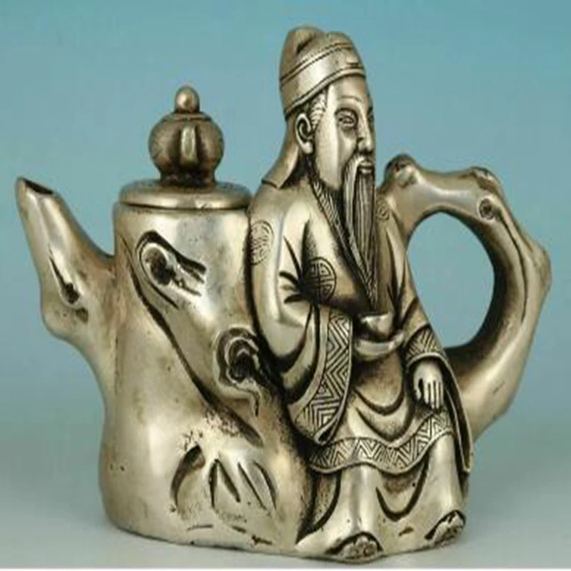 

Asian Chinese Old Copper Plating Silver Buddha Wine God Teapot Statue