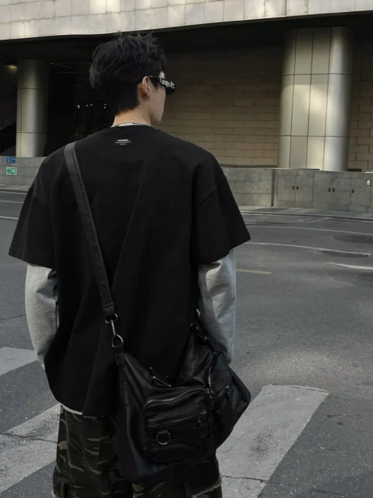 

Американская хлопковая футболка с длинным рукавом, имитация двухслойности, весна-осень, мужская, свободного кроя, базовый слой, повседневная мода