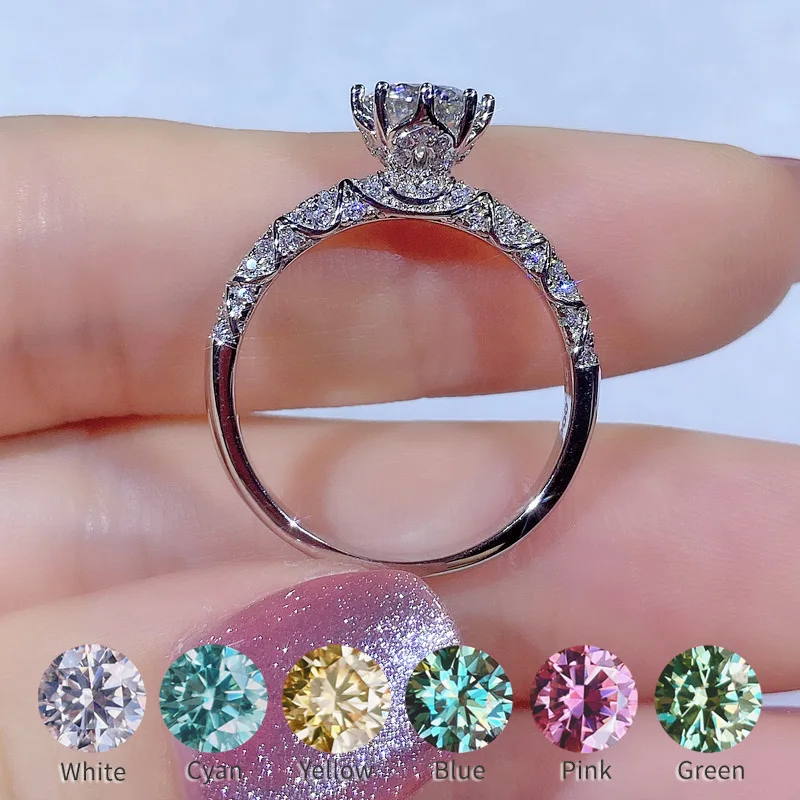 

Retro Design Moissanite Ring For Women 6.5mm 1ct Color Blue Pink Yellow Green Not Adjustable S925 Silver Diamonds Wedding Rings