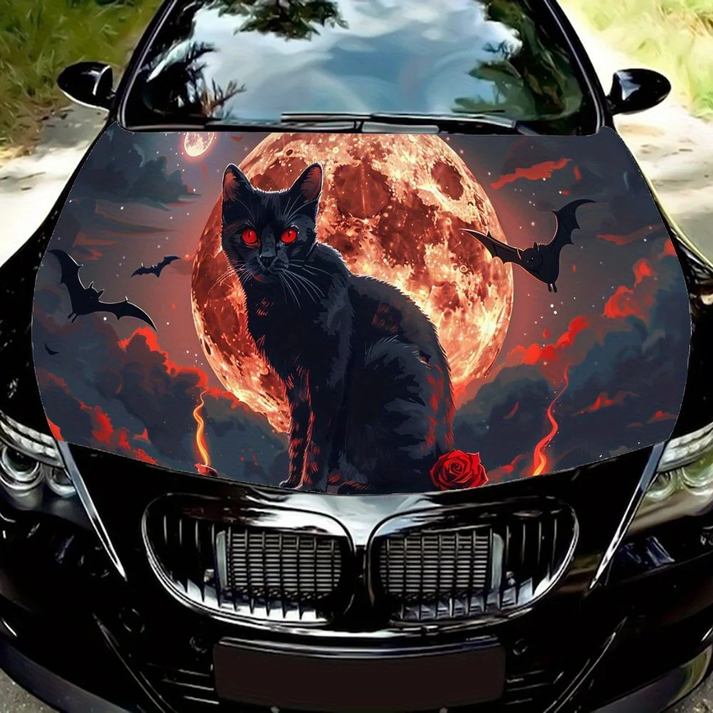 

Black Cat with Blood Eyes Red Moon Sky Car Hood Vinyl Wraps Sticker, Car Engine Decal, Waterproof Self-adhesive Car Packaging Co