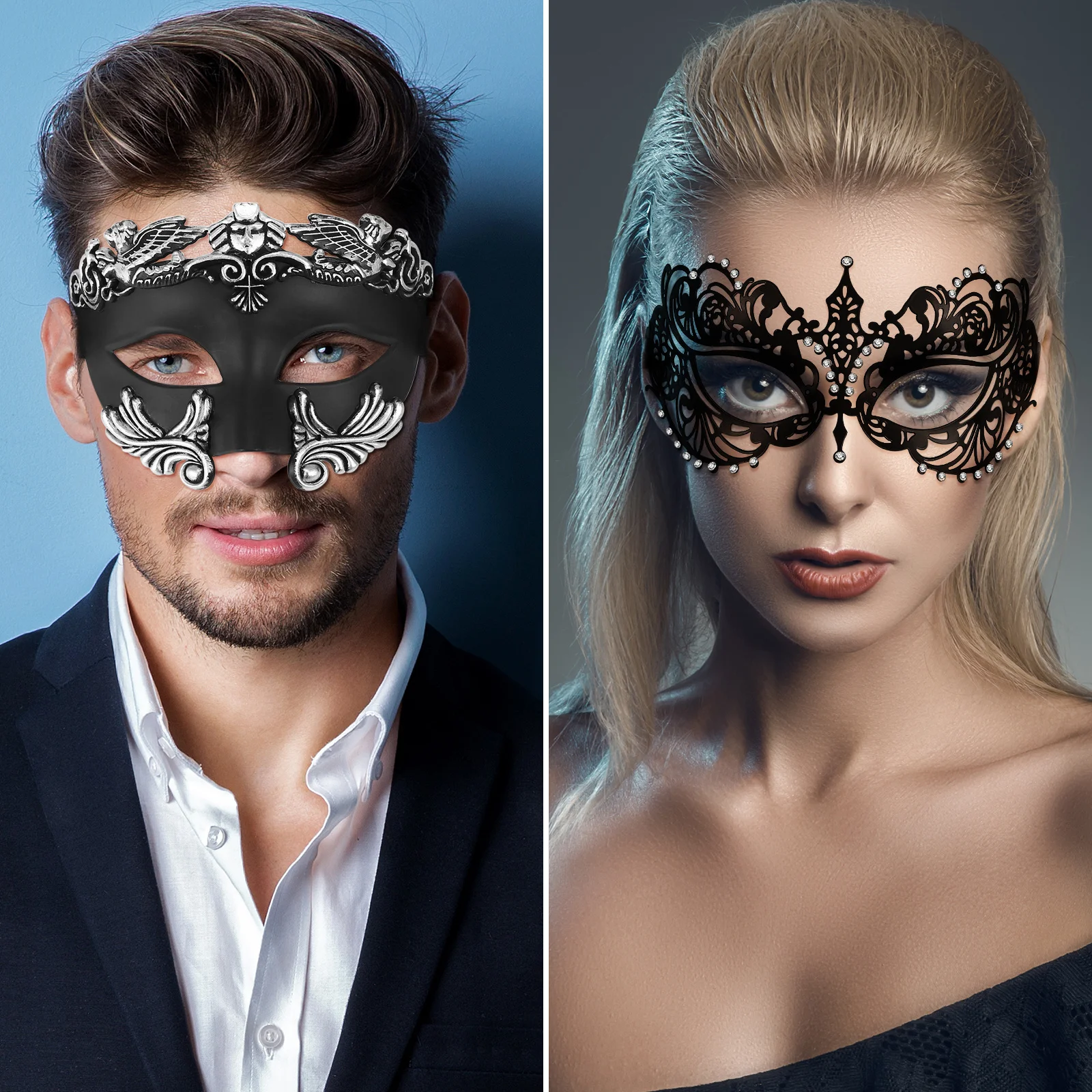 2024 Masquerade Mask for Couple Inset Rhinestones Venetian Metal Mask Carnival Halloween Party Costume Mysterious Jewelry Mask