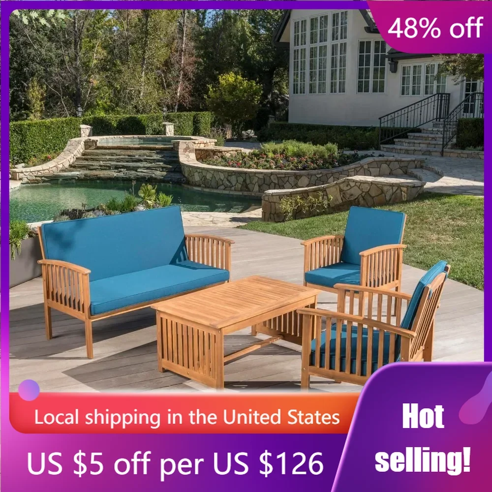 

Outdoor 4 Piece Patina Acacia Wood Sofa Patio Furniture Sets with Cushions, 27.50" D x 24.00" W x 33.25" H, Dark Teal/Brown