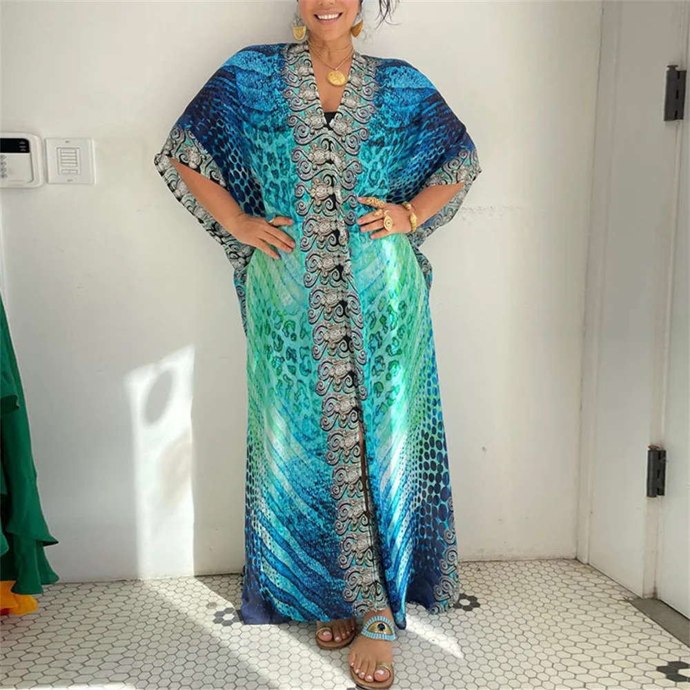 2022 New Boho Style Maxi Dress stampa costume da bagno Cover-Up abito bohemien Robe Plage Kaftan abito lungo Beach Wear tuniche