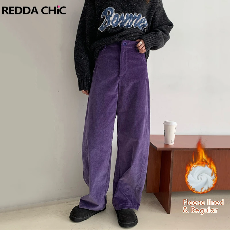 ReddaChic Winter Thermal Wide Leg Corduroy Pants Women Plain Fleece Lined High Rise Straight Long Trousers Casual Retro Clothes