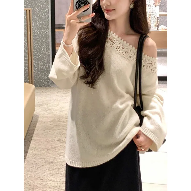 

YYAHAHAS Lazy Style Hollowed Out Lace One Necked Knitted Sweater Women's Autumn Loose Pullover Sweater Female Clothing