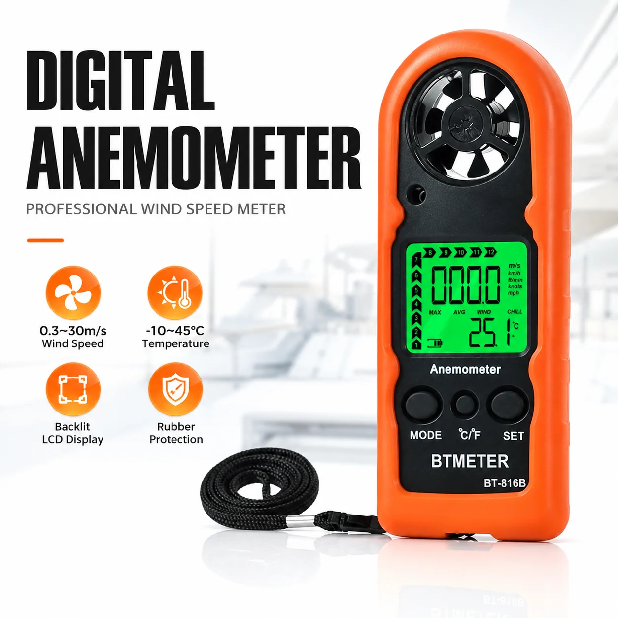 Mini Anemometer Handheld Wind Speed Meter HP-816B Portable Air Velocity Tester with Temperature Wind Chill Max Avg Current Modes