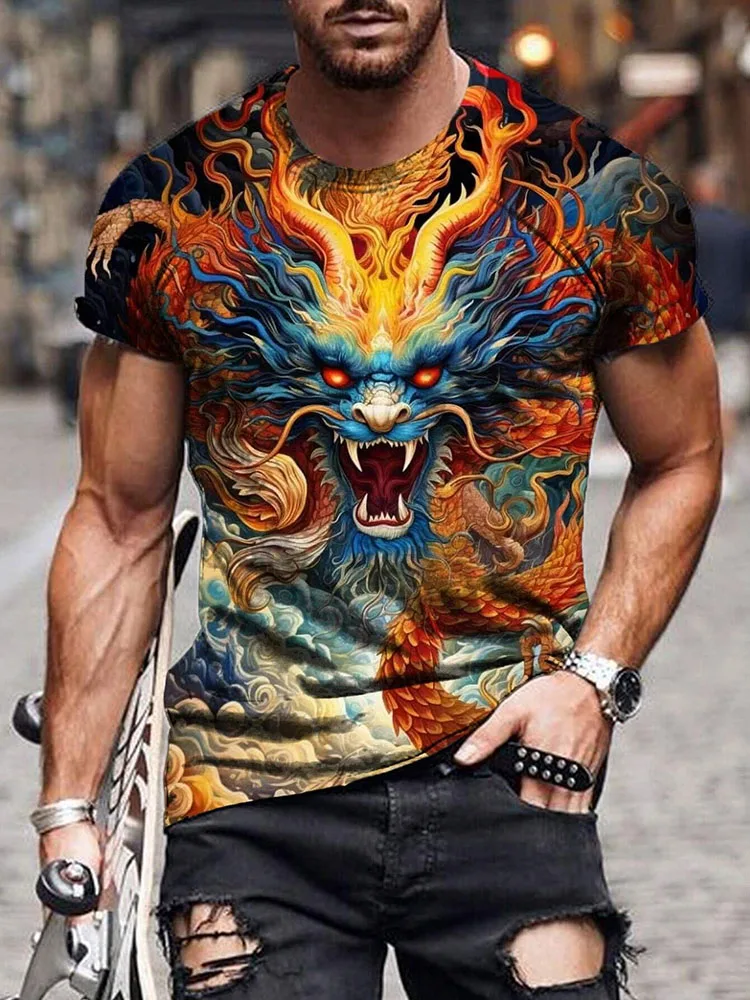 3D Dragon Print Fashion Men\'s T-shirt Daily Casual Mens Short Sleeve Summer Outdoor Street Men\'s Top Fitness Sports Men\'s Tee