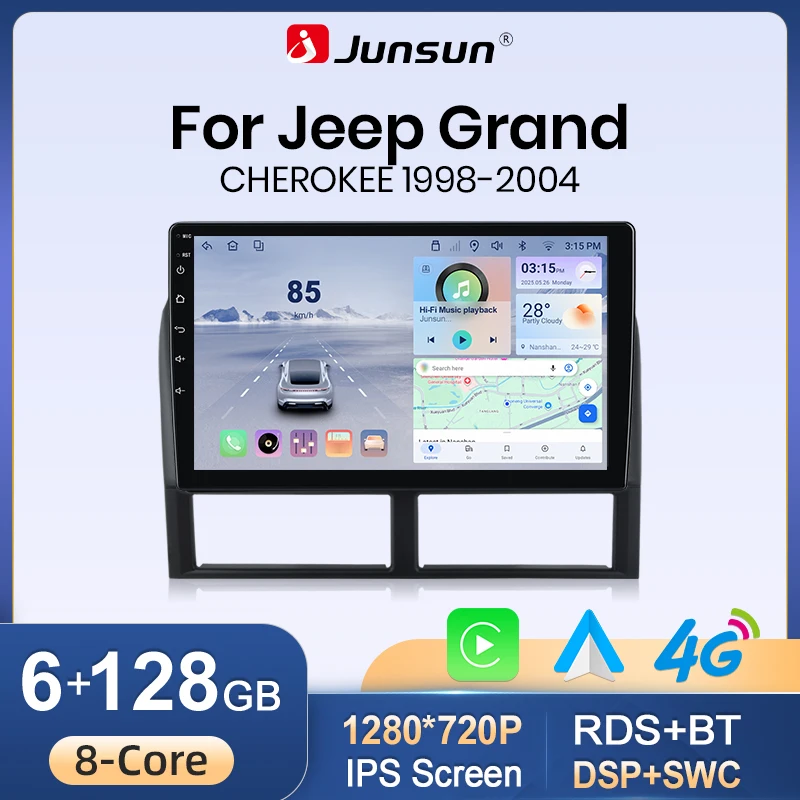 Autoradio Junsun avec CarPlay et Android Auto sans fil pour Jeep Grand Cherokee II WJ 1998 1999-2004, GPS multimédia 2 din RDS BT SWC FM