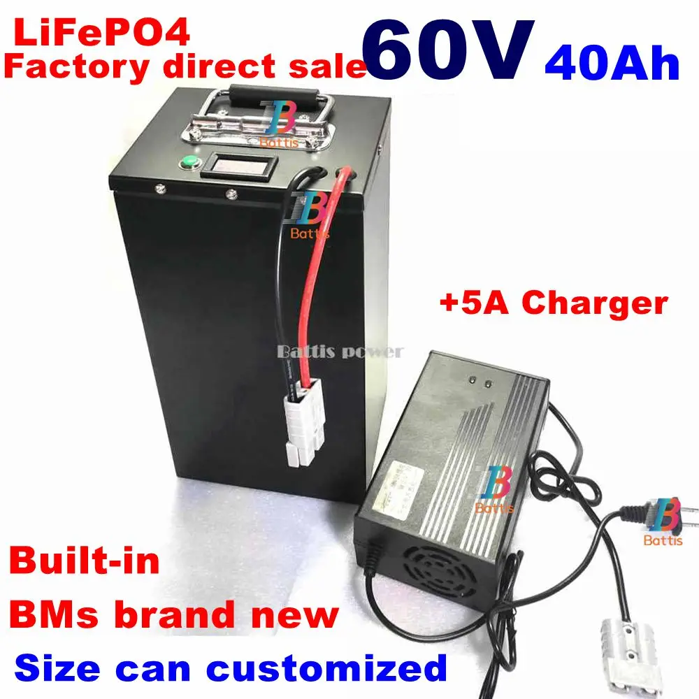 Batterie LiFePO4 longue durée avec BMS, 60V, 40Ah, 2500W, pour vélo électrique, scooter, VTT, chargeur 5A