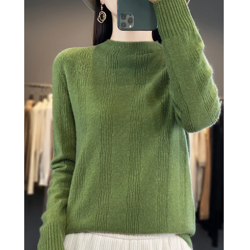 23 Fall Winter New Woolen Sweater Women's Round Neck Long Sleeve Pullover Solid Color Hollow Vertical Slim Knit Bottoming Shirt