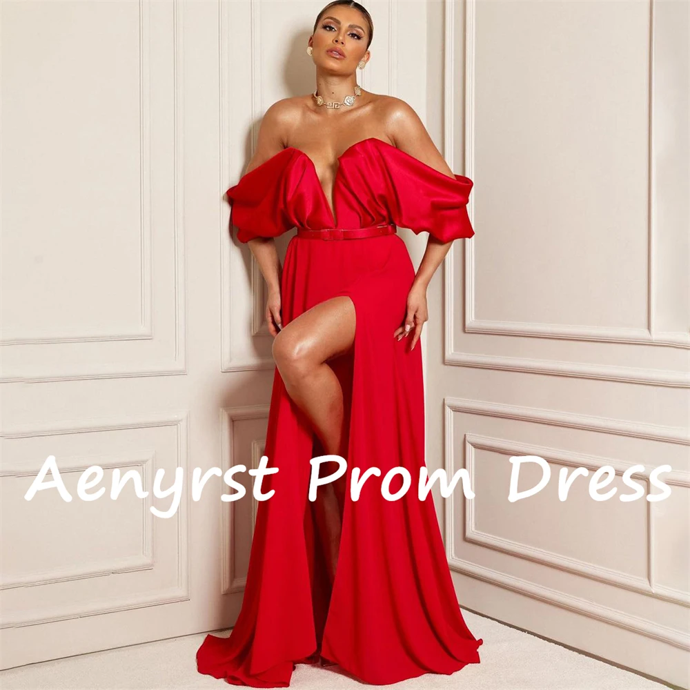 Aenyrst-Vestidos de Fiesta de satén con hombros descubiertos, traje Sexy rojo con escote en V profundo, abertura lateral, longitud hasta el suelo, personalizado