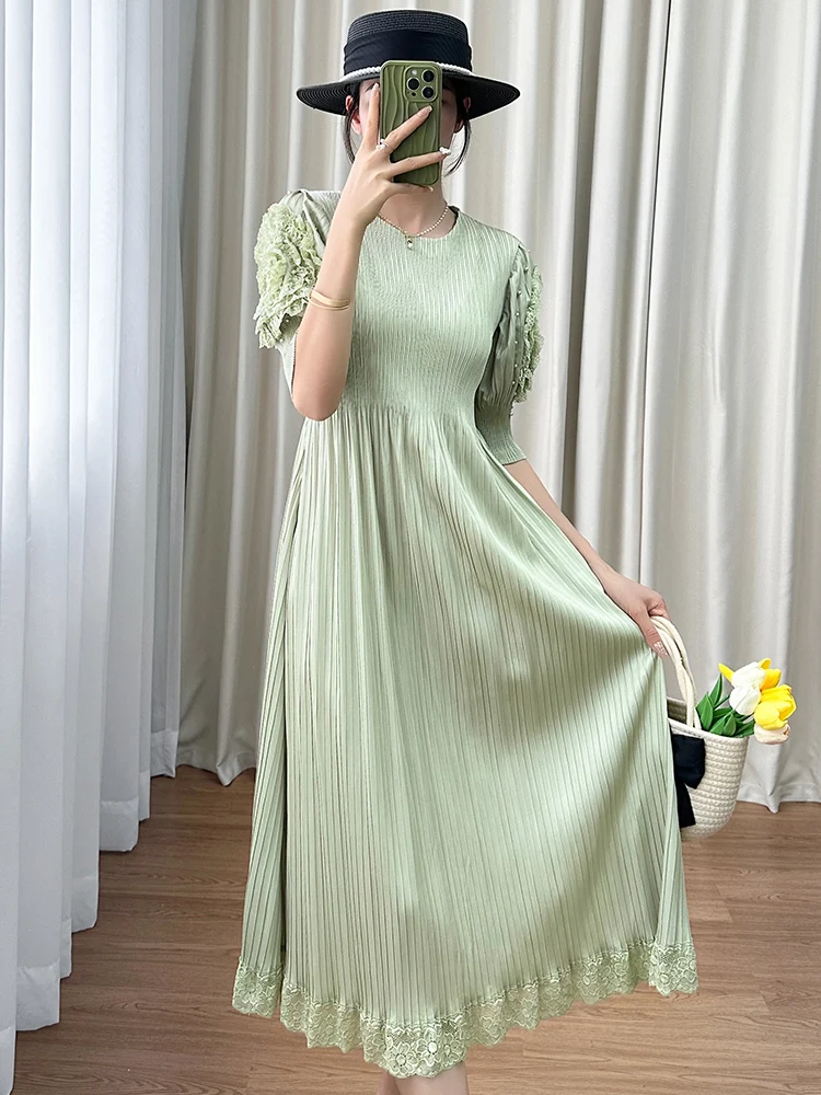 

Chic Summer New round Neck Bloom Short Sleeve Pure Color Pleated Midi Dress Women's Fashion Fairy Style Color Dress
