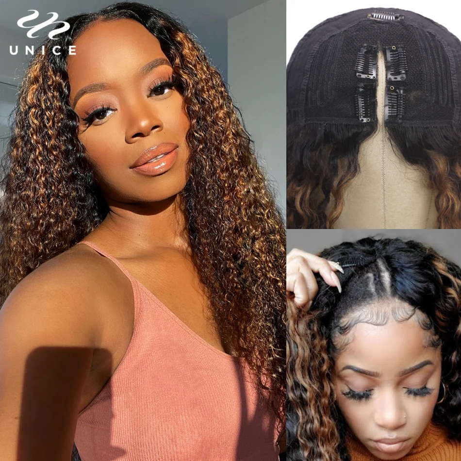 UNice Hair Balayage Highlight Curly U Part Wig & Lace V Part Wig 100% Human Hair No Glue Protective Hair Styels